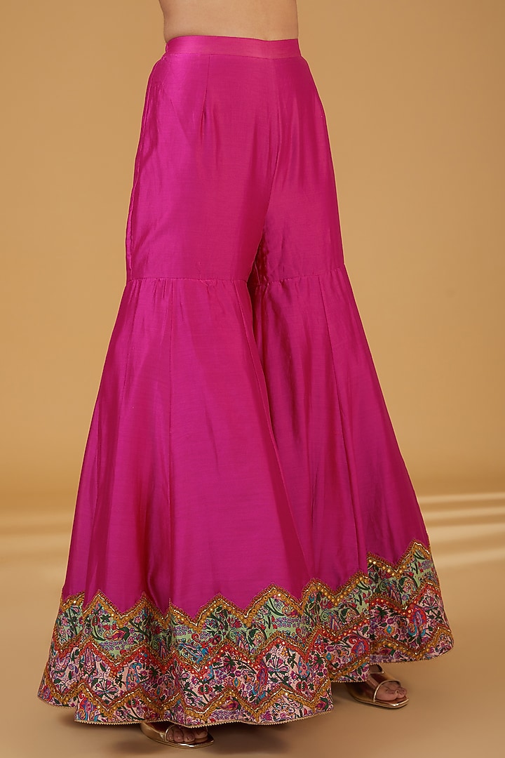 Magenta Chanderi Silk Mirror Embroidered Bridal Sharara Set by Debyani at Pernia's Pop Up Shop