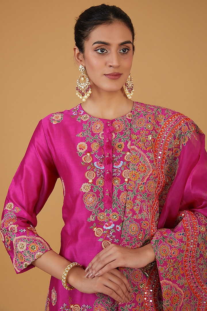 Magenta Chanderi Silk Mirror Embroidered Bridal Sharara Set by Debyani at Pernia's Pop Up Shop