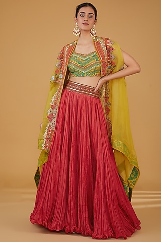 Mustard Chanderi Silk High-Low Cape Set by Debyani