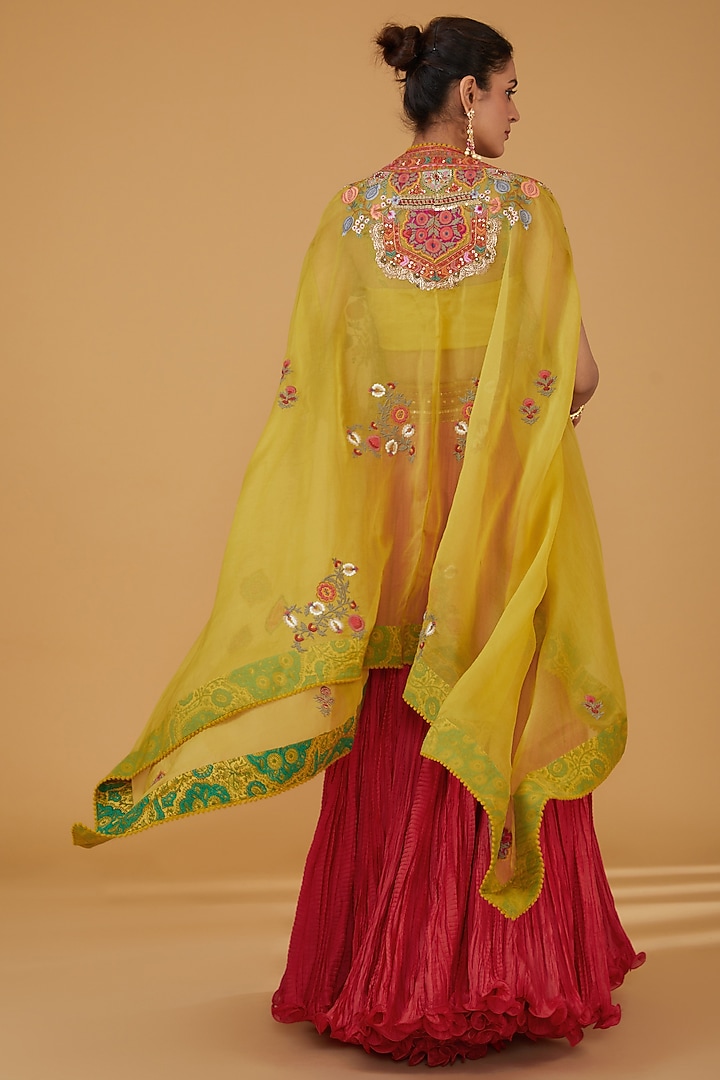 Mustard Chanderi Silk High-Low Cape Set by Debyani at Pernia's Pop Up Shop