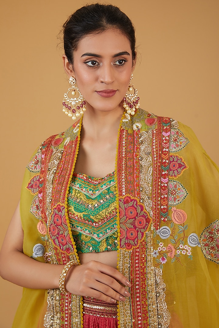 Mustard Chanderi Silk High-Low Cape Set by Debyani at Pernia's Pop Up Shop