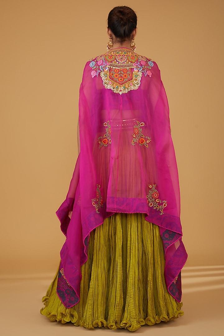 Rani Pink Chanderi Silk High-Low Cape Set by Debyani at Pernia's Pop Up Shop