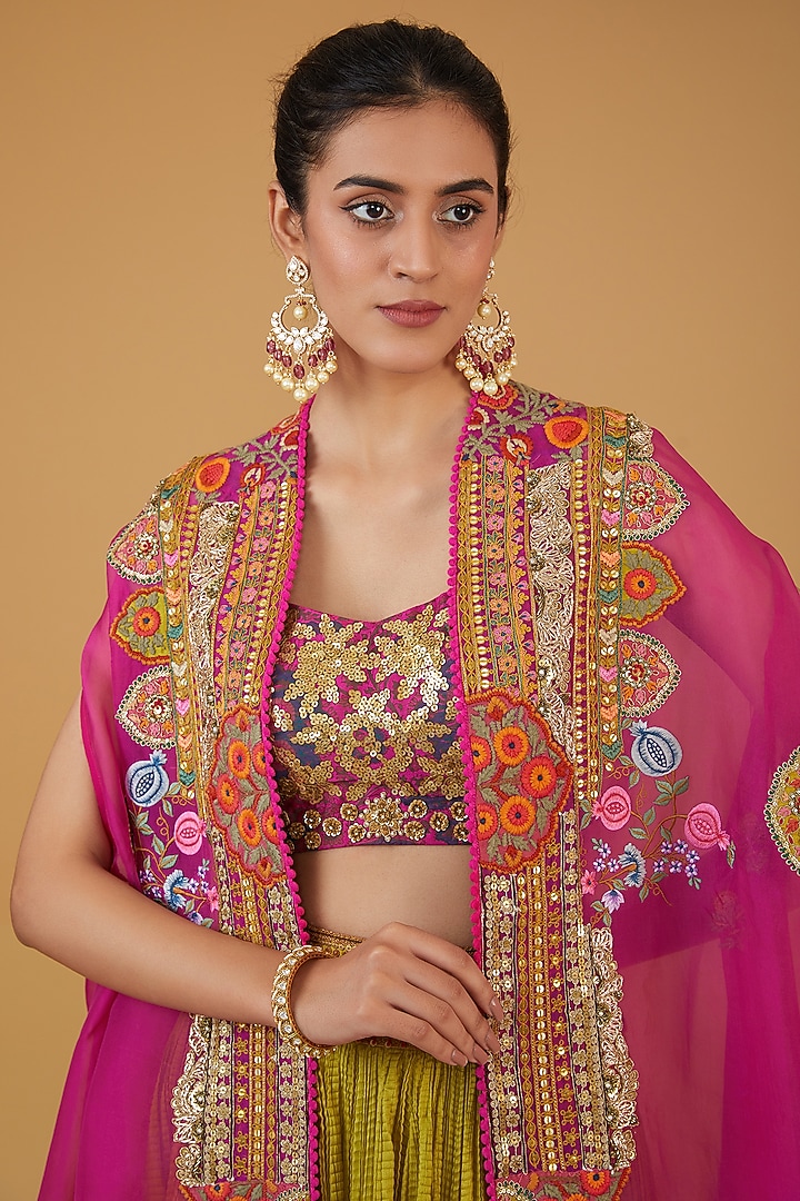 Rani Pink Chanderi Silk High-Low Cape Set by Debyani at Pernia's Pop Up Shop
