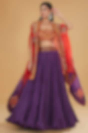 Purple Chanderi Silk Embroidered Crushed Jacket Wedding Lehenga Set by Debyani at Pernia's Pop Up Shop