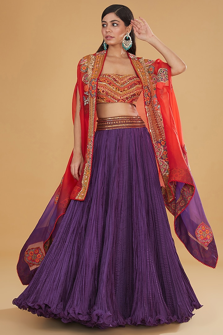 Purple Chanderi Silk Embroidered Crushed Jacket Wedding Lehenga Set by Debyani at Pernia's Pop Up Shop