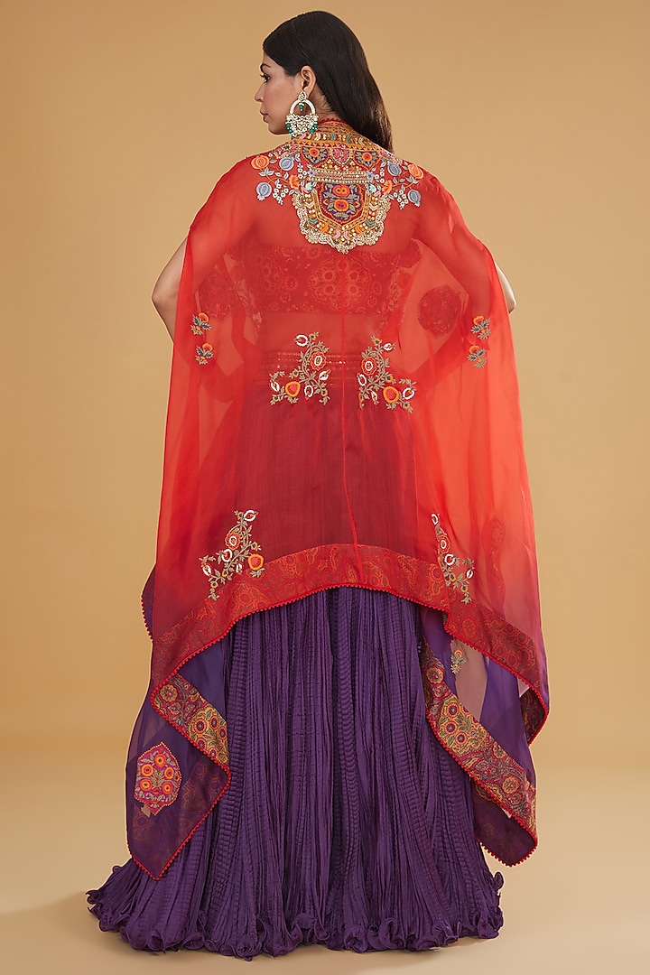 Purple Chanderi Silk Embroidered Crushed Jacket Wedding Lehenga Set by Debyani at Pernia's Pop Up Shop