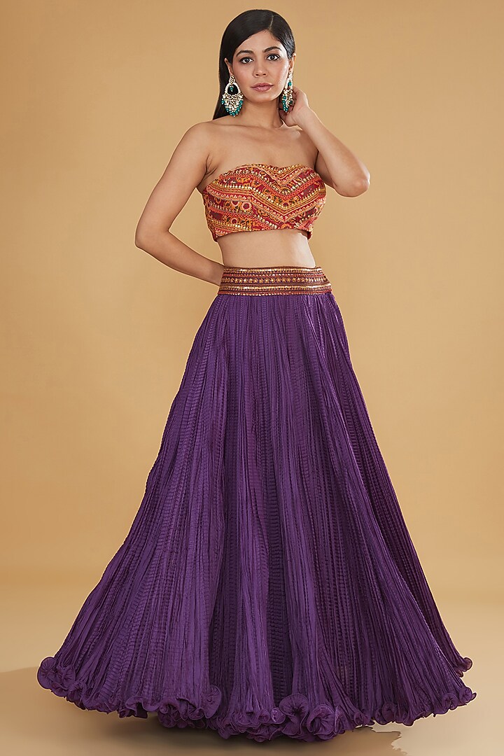 Purple Chanderi Silk Embroidered Crushed Jacket Wedding Lehenga Set by Debyani at Pernia's Pop Up Shop
