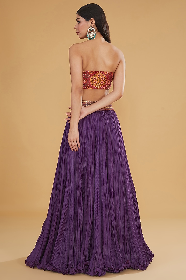 Purple Chanderi Silk Embroidered Crushed Jacket Wedding Lehenga Set by Debyani at Pernia's Pop Up Shop