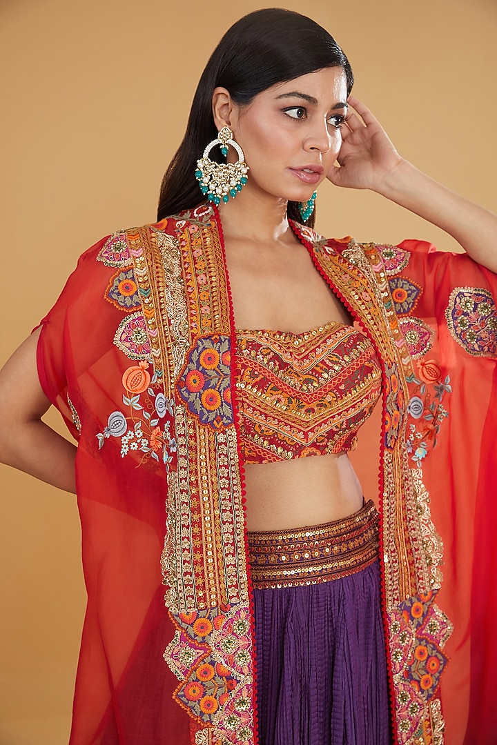 Purple Chanderi Silk Embroidered Crushed Jacket Wedding Lehenga Set by Debyani at Pernia's Pop Up Shop