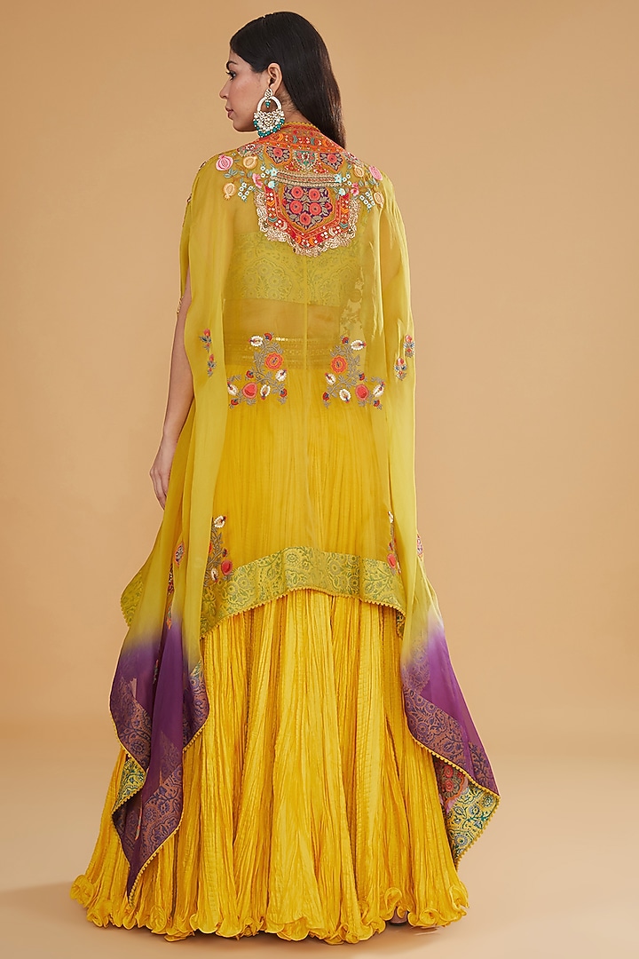 Yellow Chanderi Silk Embroidered Crushed Jacket Wedding Lehenga Set by Debyani at Pernia's Pop Up Shop