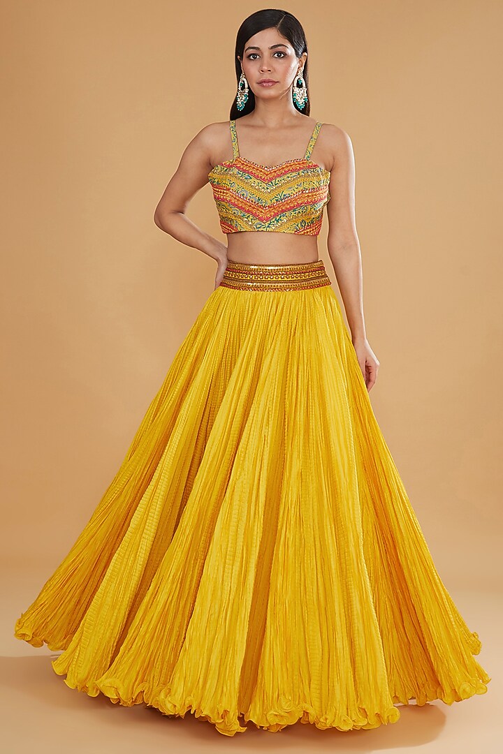 Yellow Chanderi Silk Embroidered Crushed Jacket Wedding Lehenga Set by Debyani at Pernia's Pop Up Shop