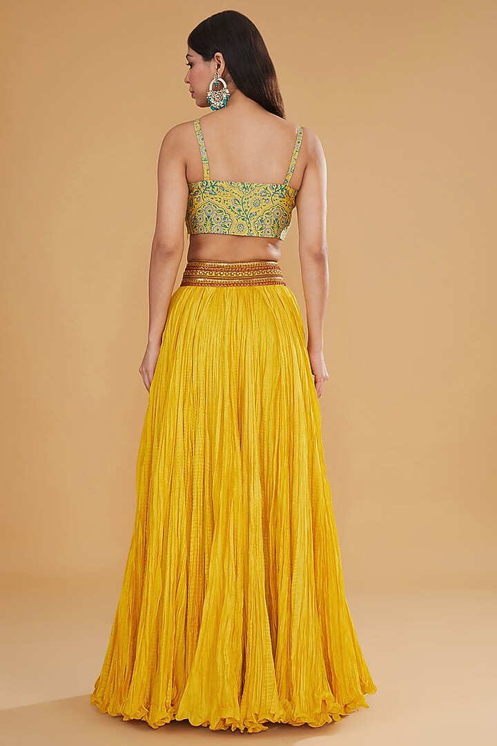 Yellow Chanderi Silk Embroidered Crushed Jacket Wedding Lehenga Set by Debyani at Pernia's Pop Up Shop