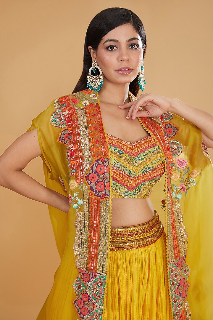 Yellow Chanderi Silk Embroidered Crushed Jacket Wedding Lehenga Set by Debyani at Pernia's Pop Up Shop