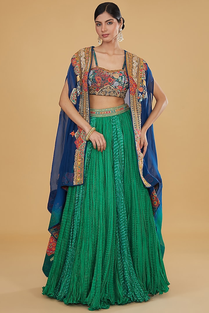 Blue Organza Paisley Printed Cape Set by Debyani at Pernia's Pop Up Shop