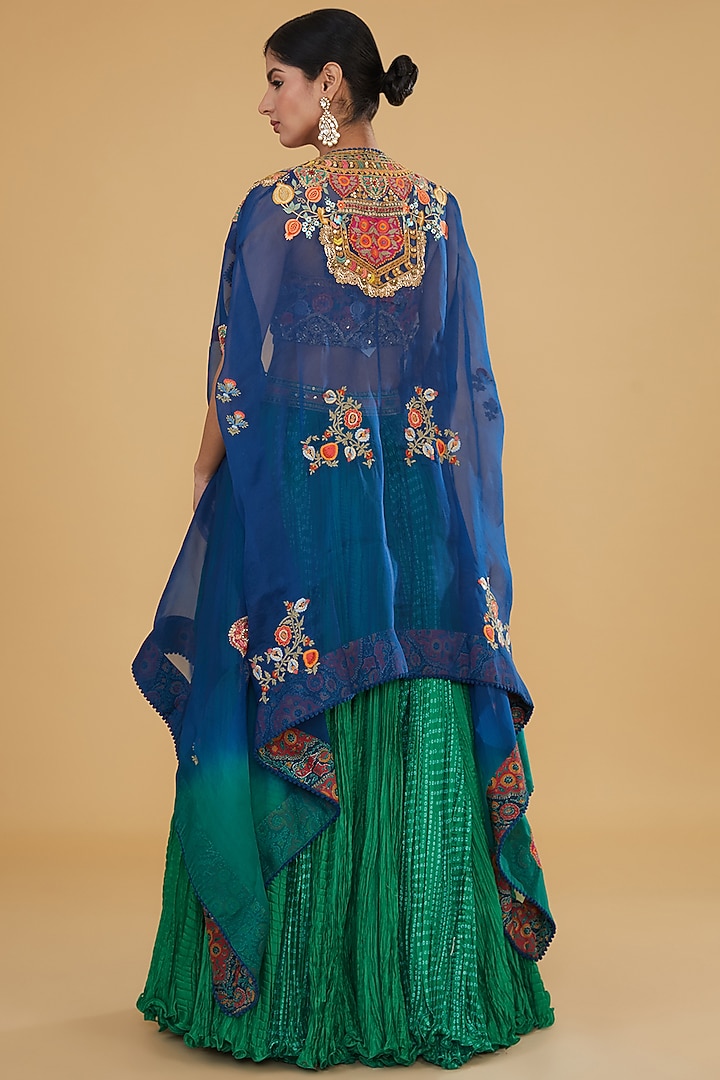 Blue Organza Paisley Printed Cape Set by Debyani at Pernia's Pop Up Shop
