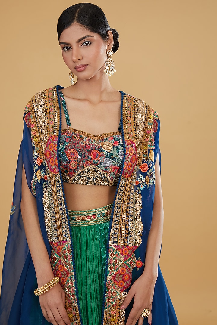 Blue Organza Paisley Printed Cape Set by Debyani at Pernia's Pop Up Shop