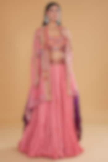 Pink Chanderi Silk Embroidered Crushed Jacket Wedding Lehenga Set by Debyani at Pernia's Pop Up Shop