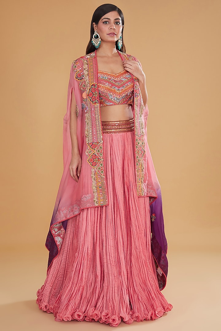 Pink Chanderi Silk Embroidered Crushed Jacket Wedding Lehenga Set by Debyani at Pernia's Pop Up Shop