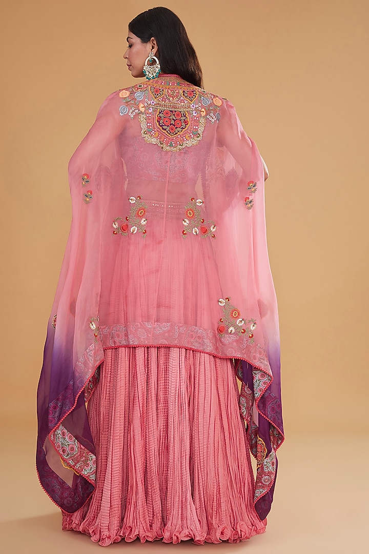 Pink Chanderi Silk Embroidered Crushed Jacket Wedding Lehenga Set by Debyani at Pernia's Pop Up Shop