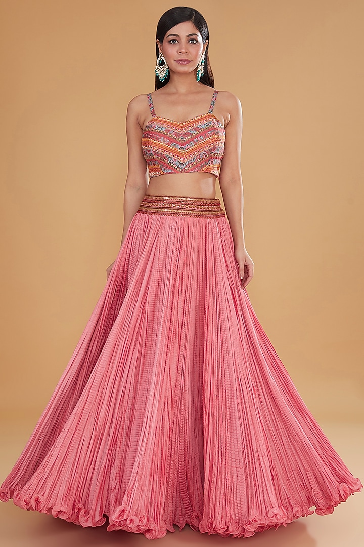 Pink Chanderi Silk Embroidered Crushed Jacket Wedding Lehenga Set by Debyani at Pernia's Pop Up Shop