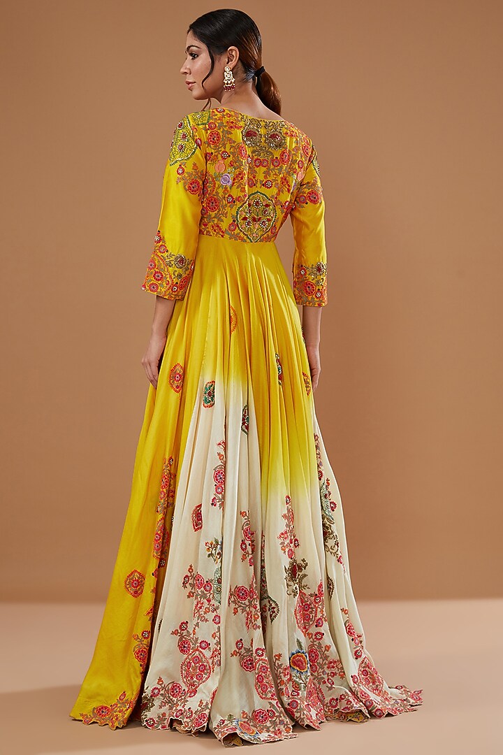 Mustard & Ivory Ombre Chanderi Kalidar Bridal Anarkali by Debyani at Pernia's Pop Up Shop