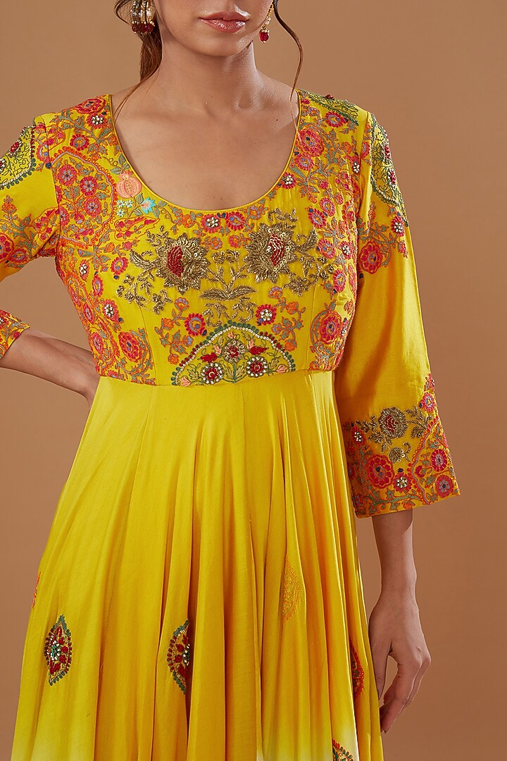 Mustard & Ivory Ombre Chanderi Kalidar Bridal Anarkali by Debyani at Pernia's Pop Up Shop