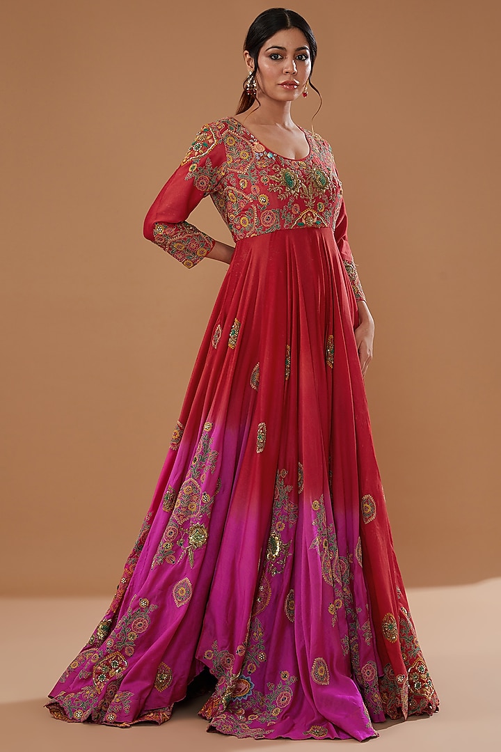 Red & Magenta Ombre Chanderi Kalidar Bridal Anarkali by Debyani at Pernia's Pop Up Shop