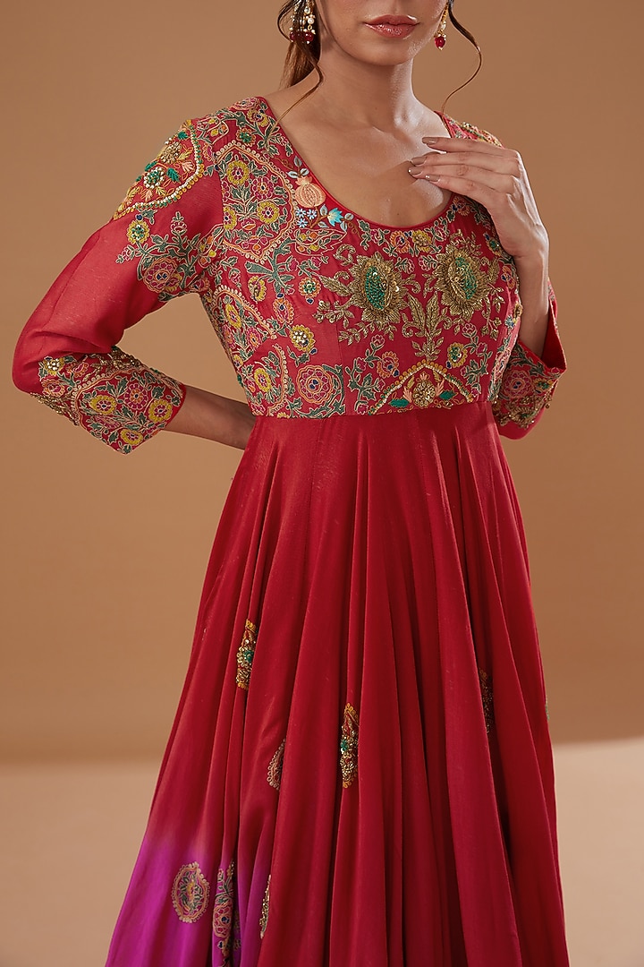 Red & Magenta Ombre Chanderi Kalidar Bridal Anarkali by Debyani at Pernia's Pop Up Shop