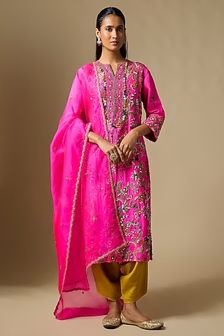 Rani Pink Silk Embellished Kurta Set by Debyani