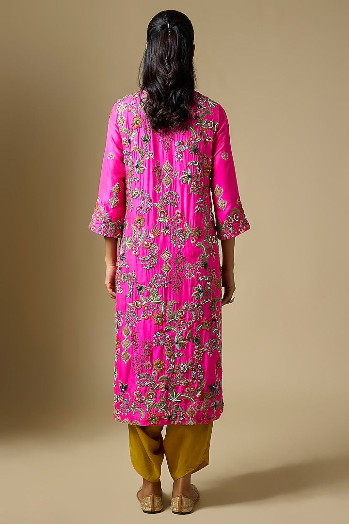Rani Pink Silk Embellished Kurta Set by Debyani at Pernia's Pop Up Shop