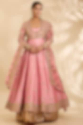 Blush Pink Chanderi Hand & Machine Embroidered Kalidar Bridal Anarkali Set by Debyani at Pernia's Pop Up Shop