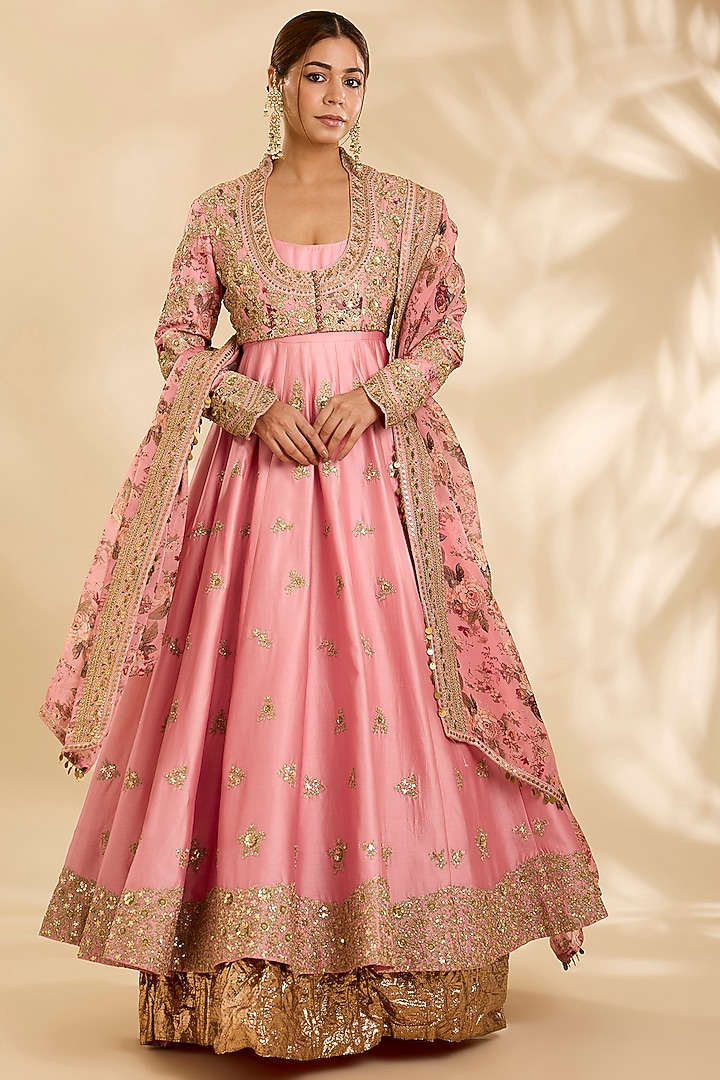 Blush Pink Chanderi Hand & Machine Embroidered Kalidar Bridal Anarkali Set by Debyani at Pernia's Pop Up Shop