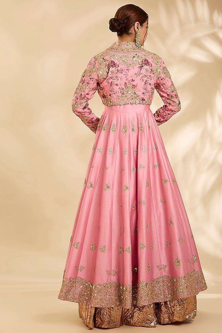 Blush Pink Chanderi Hand & Machine Embroidered Kalidar Bridal Anarkali Set by Debyani at Pernia's Pop Up Shop