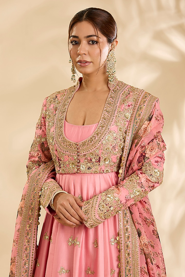 Blush Pink Chanderi Hand & Machine Embroidered Kalidar Bridal Anarkali Set by Debyani at Pernia's Pop Up Shop