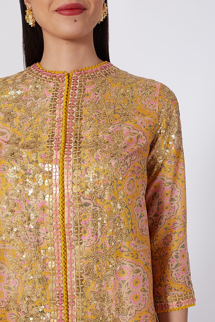 Mustard Printed & Sequins Jacket Set by Debyani at Pernia's Pop Up Shop