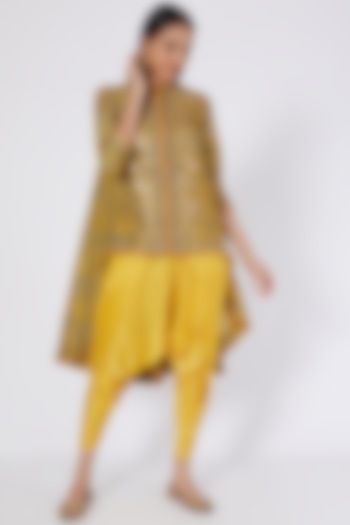 Yellow Printed & Sequins Jacket Set by Debyani
