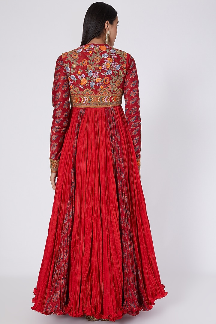 Red Crinkle Kalidar Kurta Set by Debyani at Pernia's Pop Up Shop