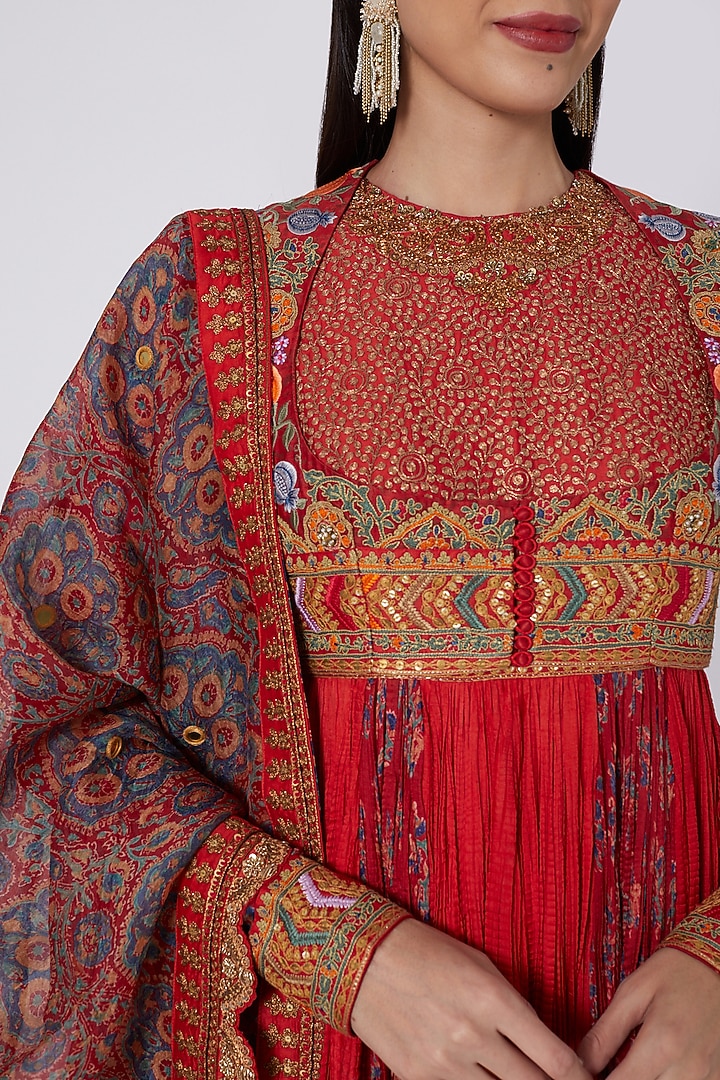 Red Crinkle Kalidar Kurta Set by Debyani at Pernia's Pop Up Shop