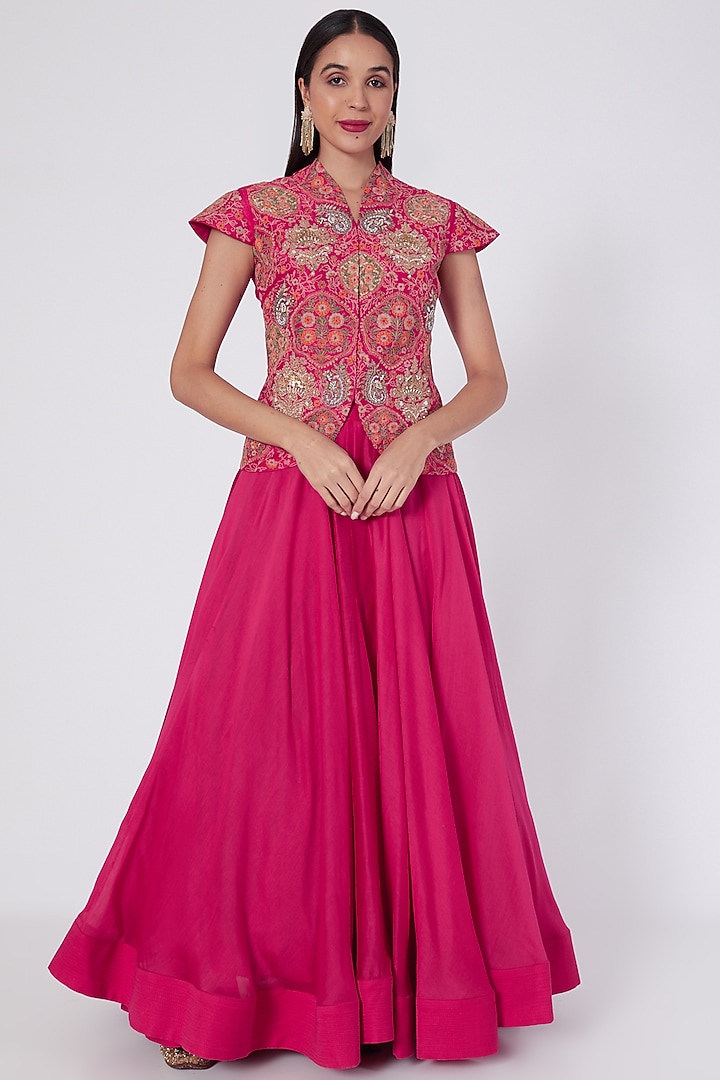 Magenta Chanderi Silk Skirt Set by Debyani at Pernia's Pop Up Shop