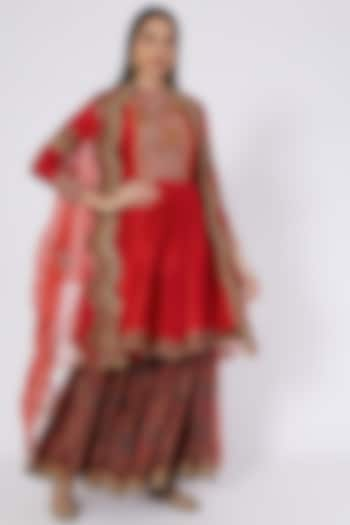 Red Chanderi Silk Mughal Printed Sharara Set by Debyani at Pernia's Pop Up Shop