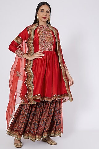 Red Chanderi Silk Mughal Printed Sharara Set by Debyani