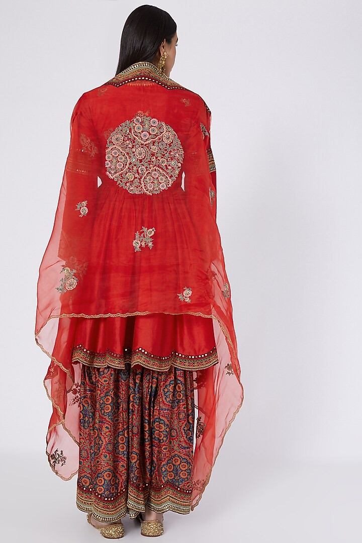 Red Chanderi Silk Mughal Printed Bridal Sharara Set by Debyani at Pernia's Pop Up Shop