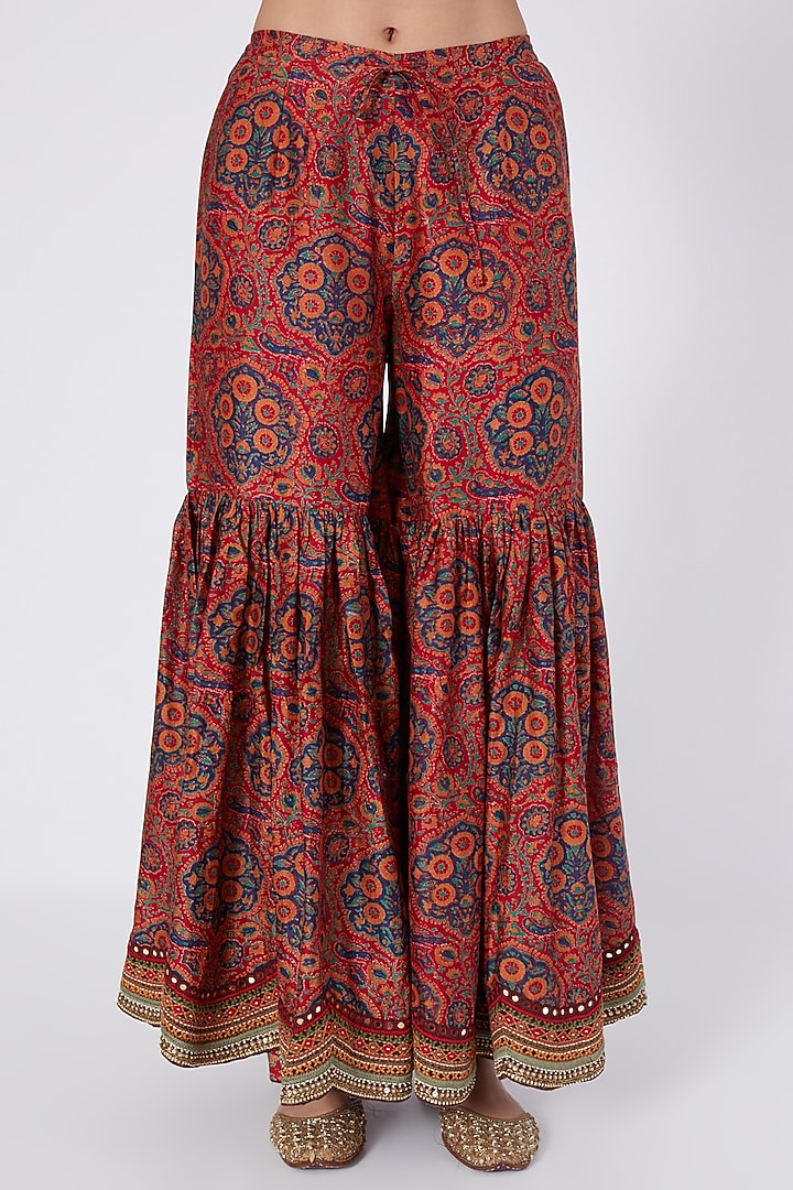 Red Chanderi Silk Mughal Printed Bridal Sharara Set by Debyani at Pernia's Pop Up Shop