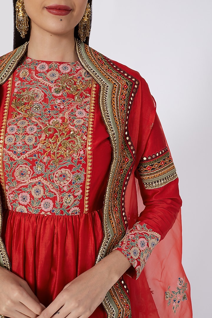 Red Chanderi Silk Mughal Printed Bridal Sharara Set by Debyani at Pernia's Pop Up Shop