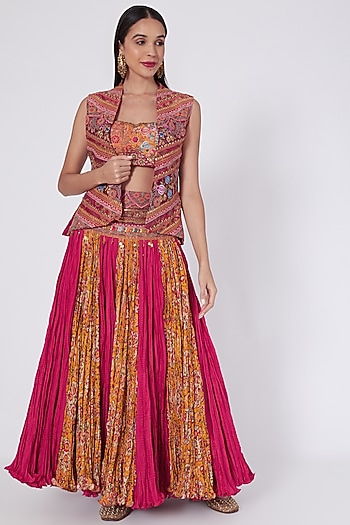 Magenta & Orange Crinkle Skirt Set by Debyani at Pernia's Pop Up Shop