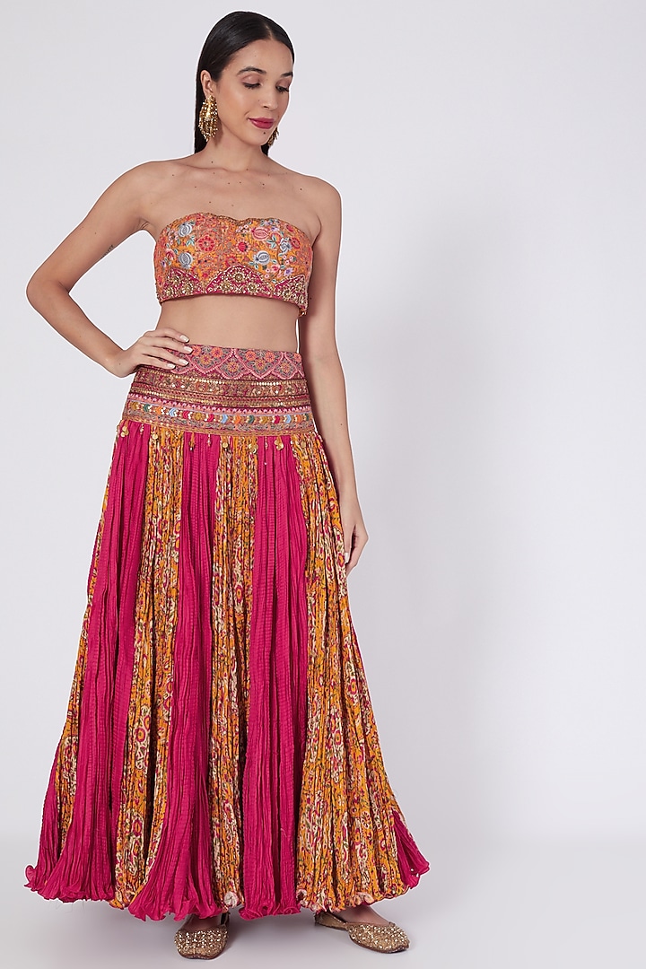 Magenta & Orange Crinkle Skirt Set by Debyani at Pernia's Pop Up Shop