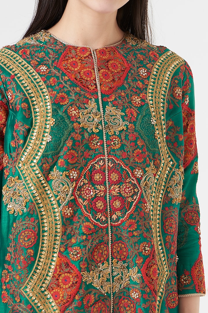 Green Chanderi Mulmul Jacket Set by Debyani at Pernia's Pop Up Shop
