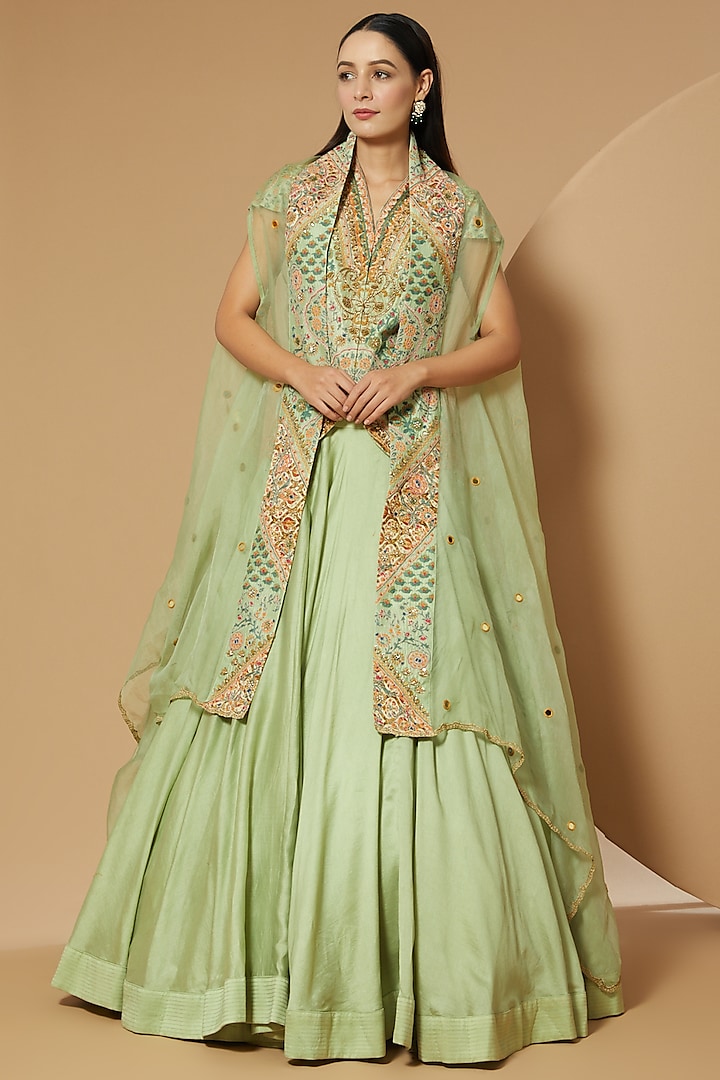 Pista Green Chanderi Skirt Set by Debyani