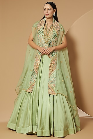 Pista Green Chanderi Skirt Set by Debyani