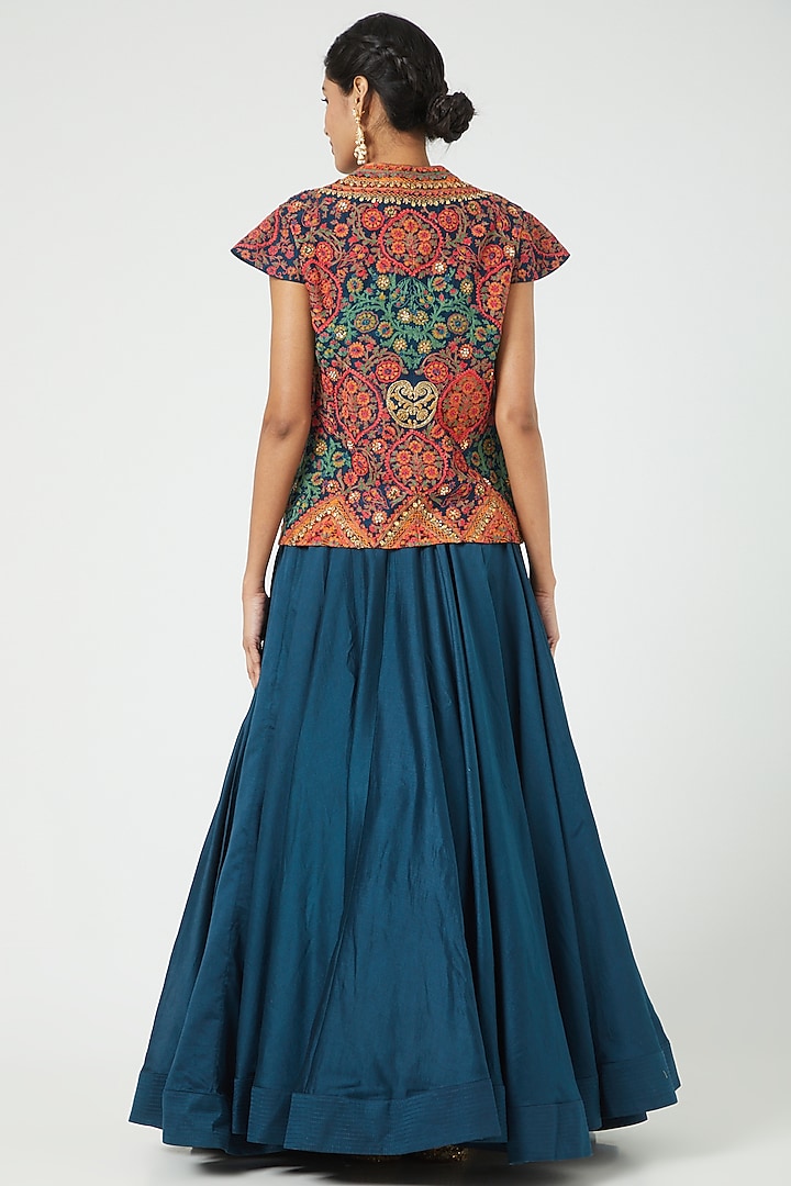 Navy Blue Chanderi & Raw Silk Jacket Wedding Lehenga Set by Debyani at Pernia's Pop Up Shop
